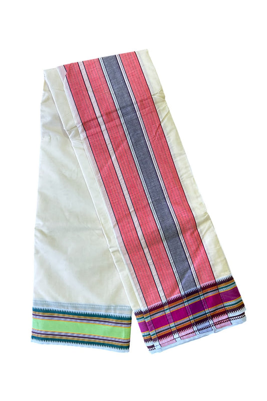 37% DISCOUNT! KaithariKada 100% Cotton Off White - Pure Cotton - 100x100 thread- (Unbleached) NORTH INDIAN- ATTACHED GAMCHA - 10x6 Dhoti RED BLUE kara - with  Dark Violet & Light Green border -1KK5004PMC