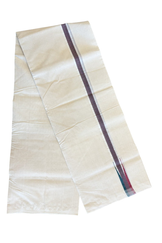 30% DISCOUNT!! KaithariKada HANDLOOM Millpaav Balaramapuram - 100% PURE Cotton OFF White - (Unbleached) Double Mundu/Dothi - Puliyilakkara chutty 1 inch Green & Maroon Red - 1KK5011RAM