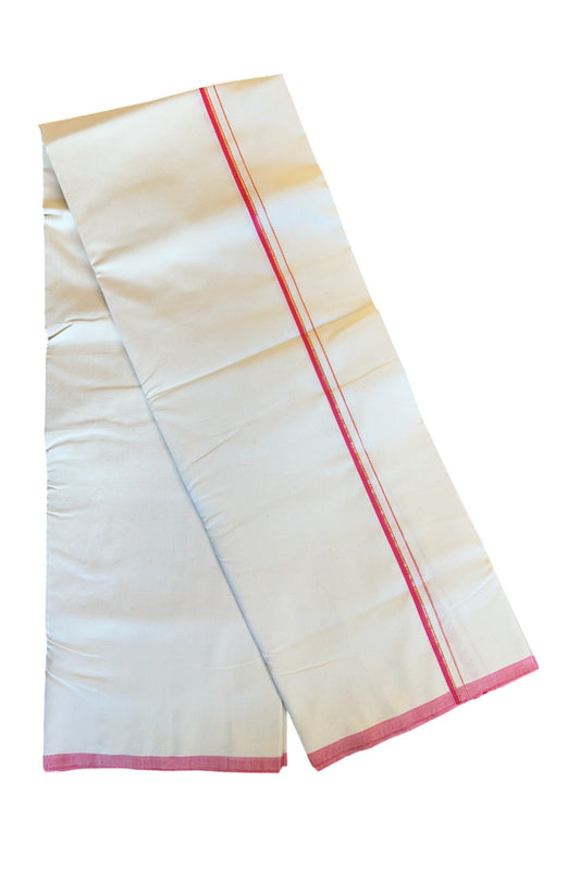 30%DISCOUNT!! SIGNATURE KAITHARIKADA EXCLUSIVE SINGLE DHOTI - 100% Cotton Balaramapuram HANDLOOM Single Mundu/Dhoti - Off White - (Unbleached) 0.5 inch Pink & Gold Kasavu Kara  (2 metre / 4 muzham)- 1KK5013KAI