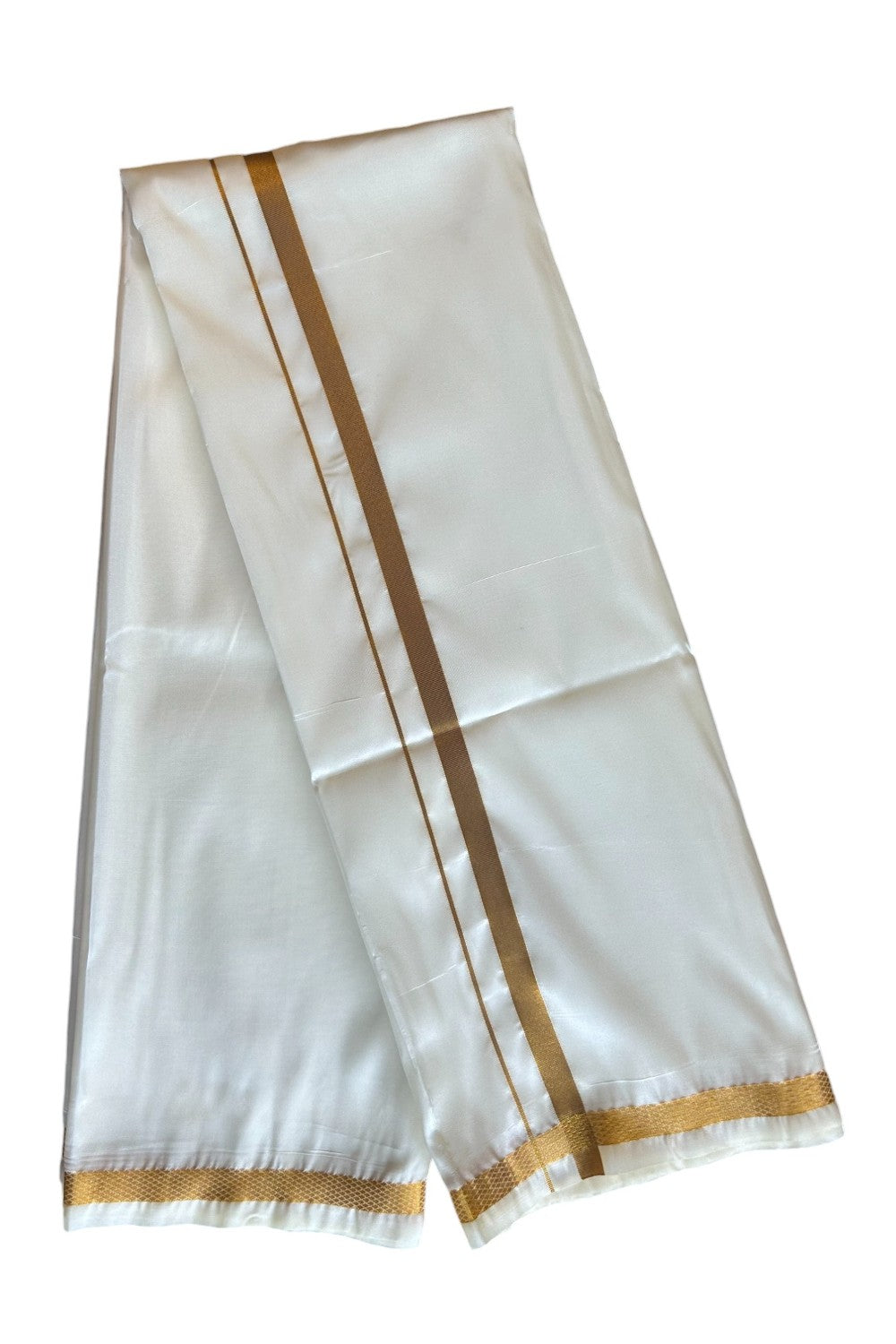 KaithariKada Balaramapuram 100% Art Silk OFF WHITE Double Mundu/Dhoti & Neriyath - 1.25inch Gold Kasavu kara - 1KK5015KAN
