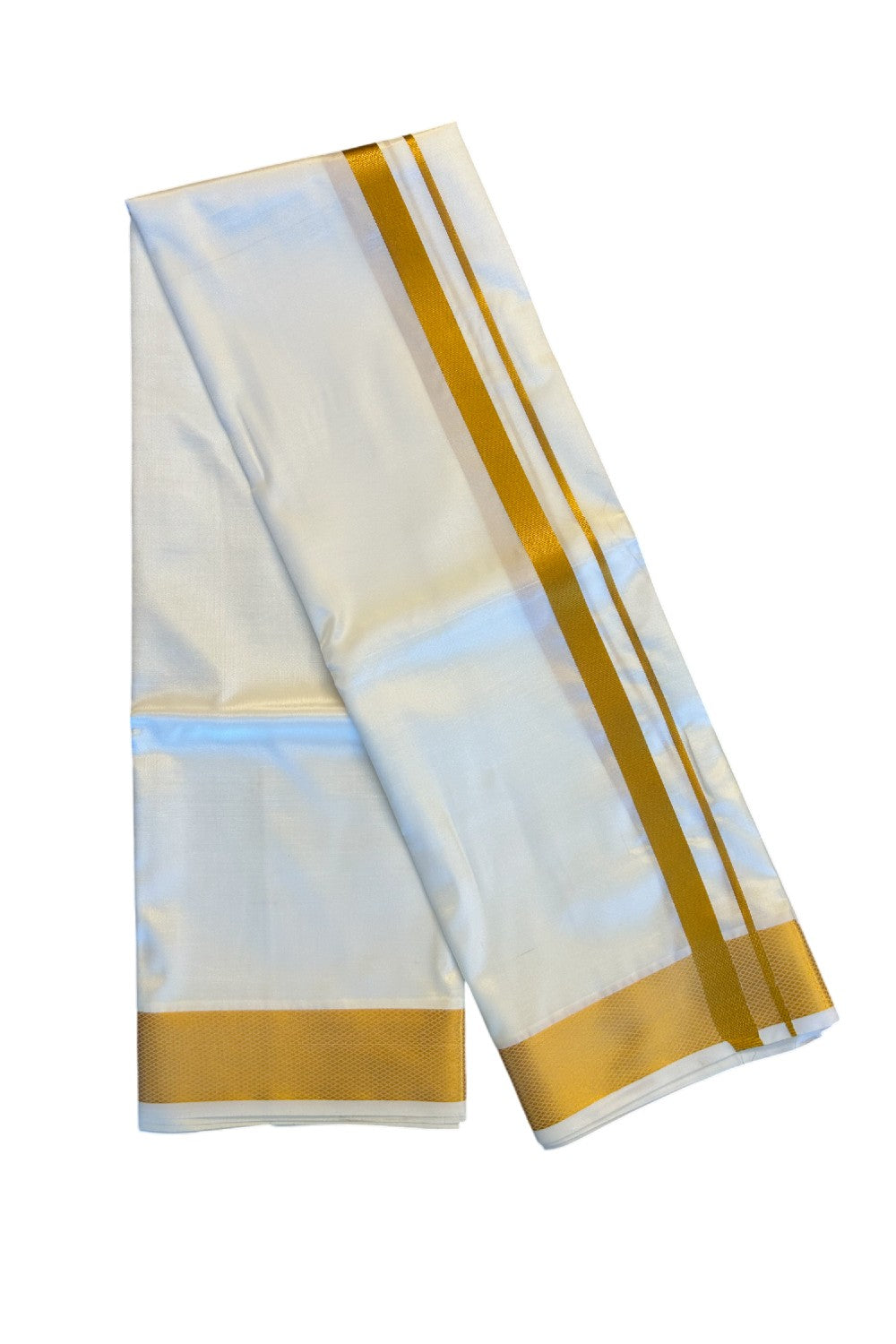 KaithariKada Balaramapuram 100% Art Silk OFF WHITE Double Mundu/Dhoti & Neriyath - 1.5inch Gold Kasavu kara - 2KK5015KAN