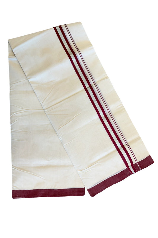 25% DISCOUNT!! KaithariKada HANDLOOM Millpaav Balaramapuram - 100% PURE Cotton OFF White Double - (Unbleached) Mundu/Dothi - 1.75 inch Maroon & Silver Kasavu Kara 4.5 Meters (10 Muzham) - 1KK5020RAM