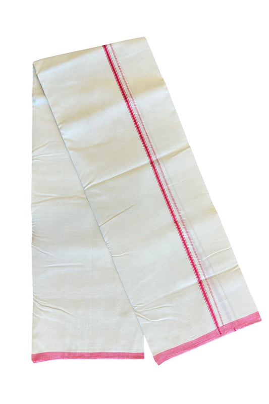 30% Discount!! SIGNATURE KAITHARIKADA EXCLUSIVE SINGLE DHOTI - 100% Cotton Balaramapuram HANDLOOM Single Mundu/Dhoti - Off White - (Unbleached) 2cm Pink & Silver KASAVU Kara (2 metre / 4 muzham)- 1KK5021KAI