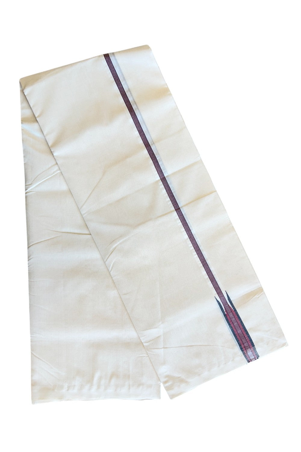 30% DISCOUNT!! KaithariKada HANDLOOM Millpaav Balaramapuram - 100% PURE Cotton OFF White Double - (Unbleached) Mundu/Dothi -  1.25 inch Puliyilakkara Maroon & Black Chutty kara - 1KK5029RAM.