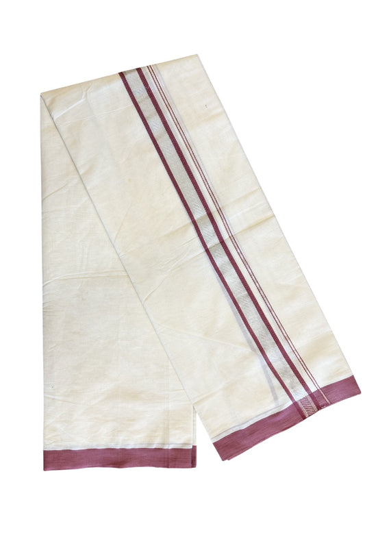 25% Discount!!! KaithariKada Balaramapuram  Double Off white - (Unbleached) Mundu/Dhoti - 80X90 - 2.25 inch SILVER  KASAVU & Dusty maroon pattern Kara - 1KK5037KAI