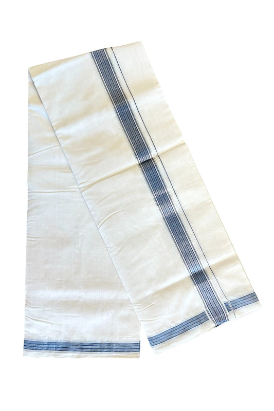 25% DISCOUNT!! KaithariKada HANDLOOM Unakkupaav Balaramapuram - 100% PURE Cotton OFF White - (Unbleached) Double Mundu/Dothi - 2 inch Peacock Blue & Silver striped pattern kara - 1KK503RAM