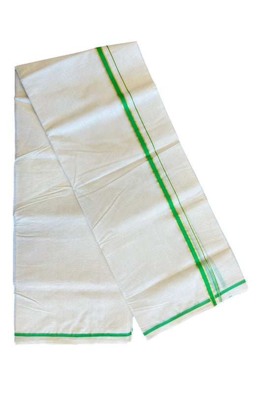 6% DISCOUNT! KaithariKada HANDLOOM Millpaav Balaramapuram - 100% PURE Cotton off white (Unbleached) Double Mundu/Dhoti -  1.cm Chutty Puliyilakkara Fluorescent Green & Kasav-129