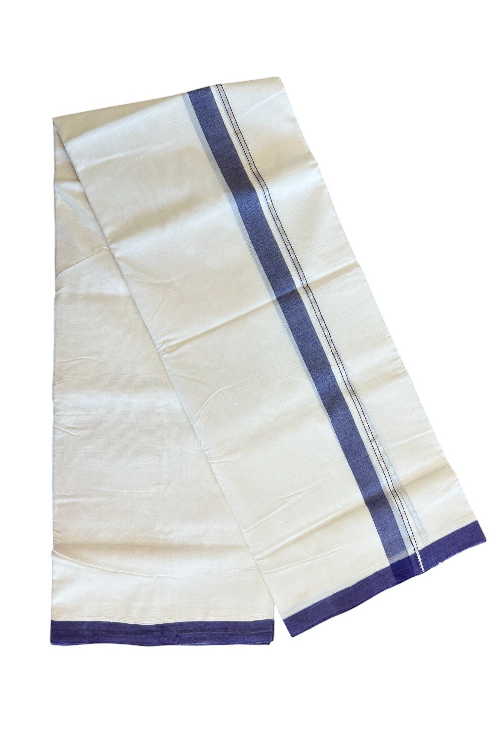 25% DISCOUNT! KaithariKada BALARAMAPURAM HANDLOOM UNAKKUPAAV - 100% PURE Cotton off white (Unbleached) Double Mundu/Dhoti -  1.5inch Silver Kasavu & Blue Violet Kara-55