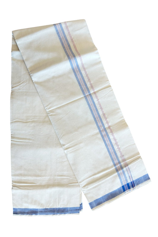 30% Discount ! KaithariKada 100% Cotton Balaramapuram HANDLOOM Single Mundu/Dhoti - Off White (Unbleached) 1.Inch (2 meter / 4 muzham) Blue & Red Stripes Kasavu Puliyilakkara Chutty- KAIR04.