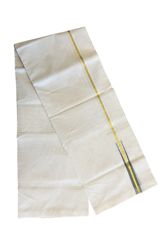 30% DISCOUNT!! KaithariKada HANDLOOM Unakkupaav Balaramapuram - 100% PURE Cotton OFF White (Unbleached) Double Mundu/Dothi - Kasavu dark olive green puliyilakkara Chutty - 2KK86RAM