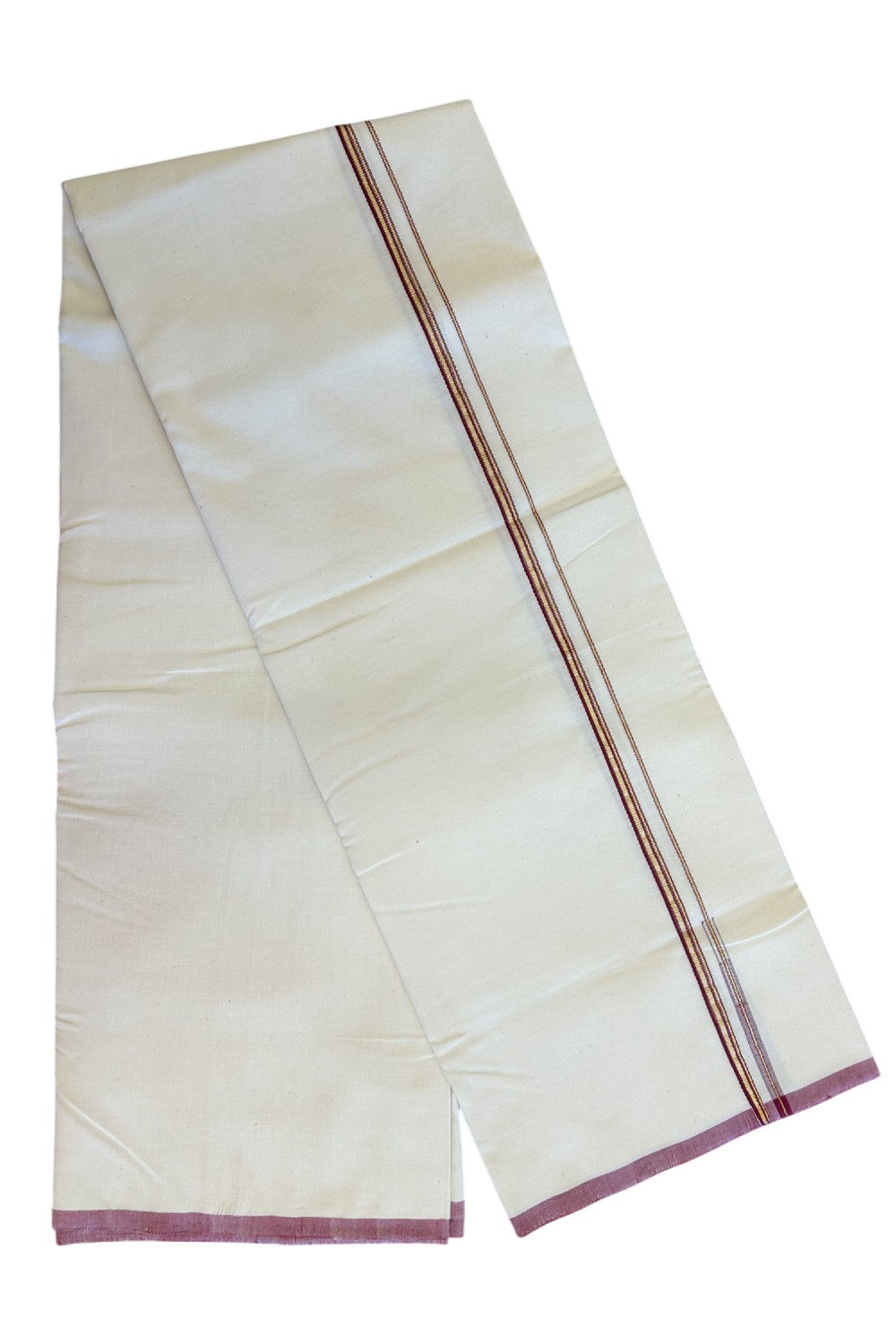 SIGNATURE KAITHARIKADA EXCLUSIVE SINGLE DHOTI - 100% Cotton Balaramapuram HANDLOOM Single Mundu/Dhoti - Off White - (Unbleached) 1 cm Maroon & KASAVU Striped Chutty Kara (2 meter / 4 muzham)- 1KK5075KAI