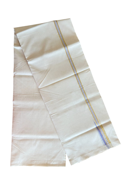 30% DISCOUNT!! KaithariKada HANDLOOM Unakkupaav Balaramapuram - 100% PURE Cotton OFF White Double - (Unbleached) Mundu/Dothi - 0.75 inch puliyilakkara Lavender & Gold Kasavu Chutty Kara- 1KK5089YAR