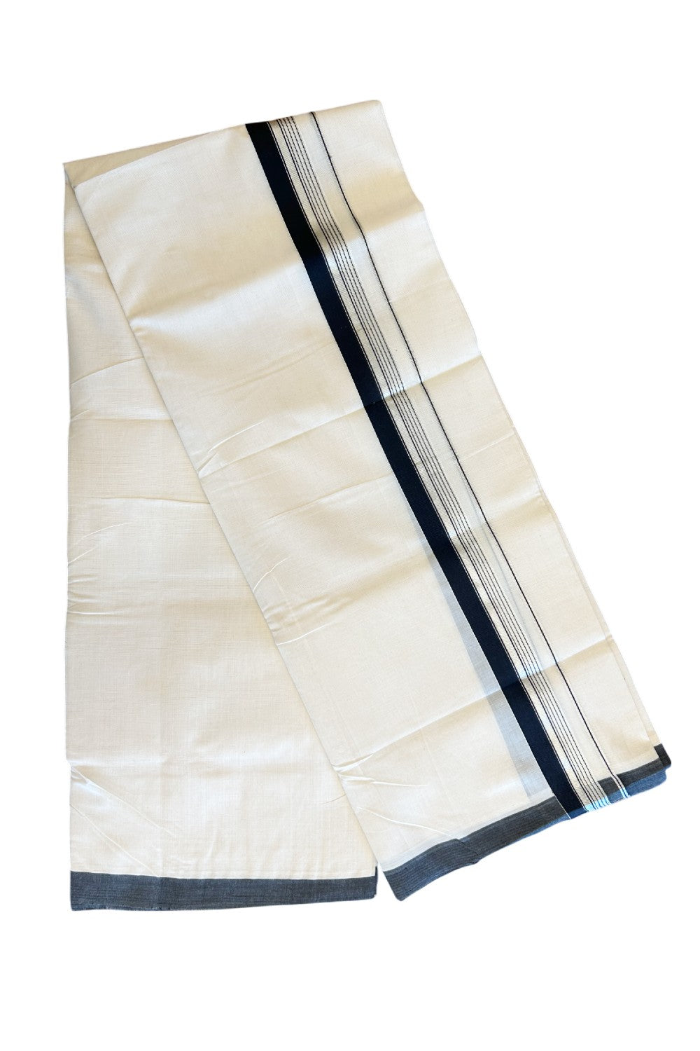 25% Discount! KaithariKada HANDLOOM UNAKKUPAAV Balaramapuram - 100% Cotton Double OFF White (Unbleached) - Mundu/Dhoti - 100x100 2.25 inch BLACK & Silver kasavu side Stripes Kara - 1KK5096YAR