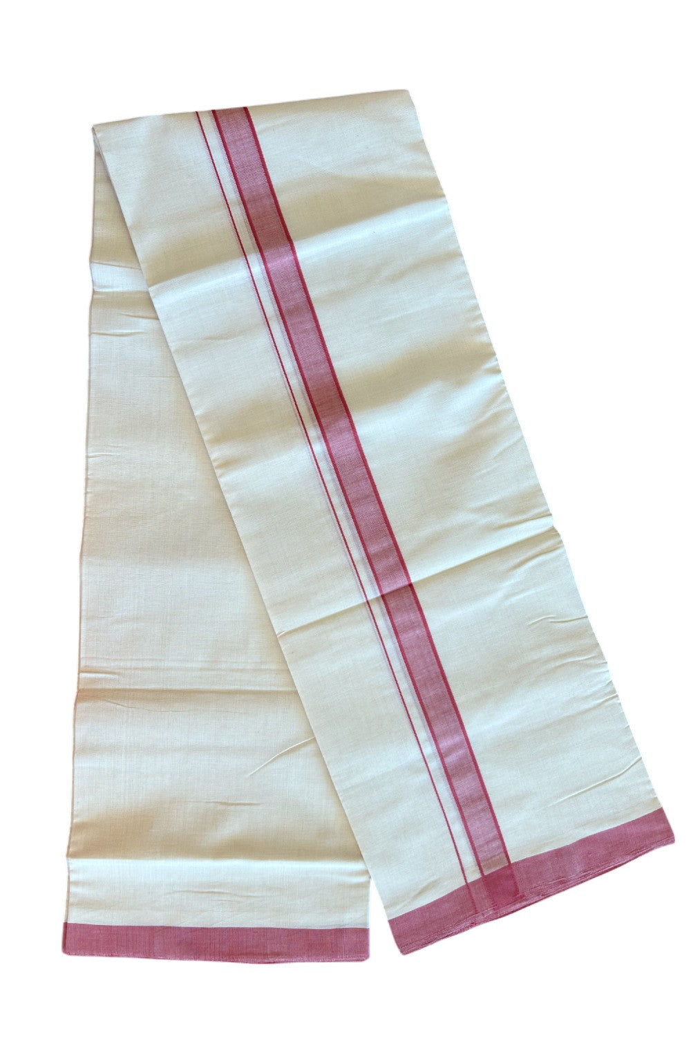 25% DISCOUNT!! KaithariKada BALARAMAPURAM HANDLOOM Unakkupaav- 100% PURE Cotton 100x100 Double Mundu/Dhoti OFF WHITE (Unbleached) - 1.5 inch Pink Kara - 1KK5099ELA