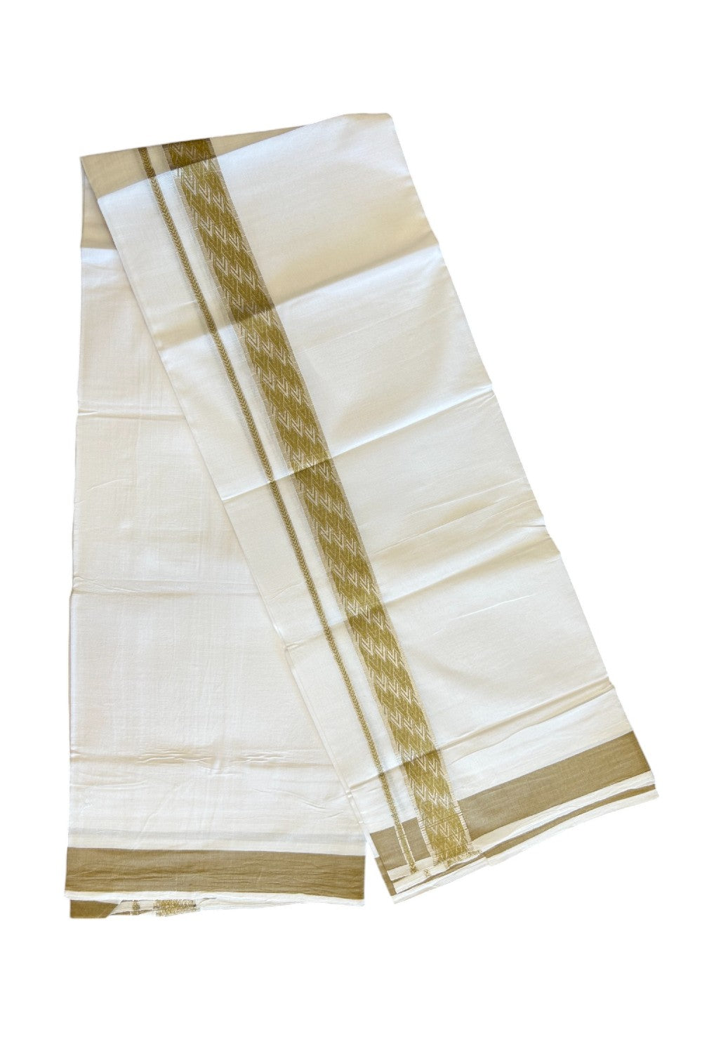 20% Discount! KaithariKada Balaramapuram 100% Cotton Double Pure white Mundu/Dhoti - 100x80 - 2 Inch Silver kasav Sand Brown jacquard pattern Kara - 1KK5118PMC