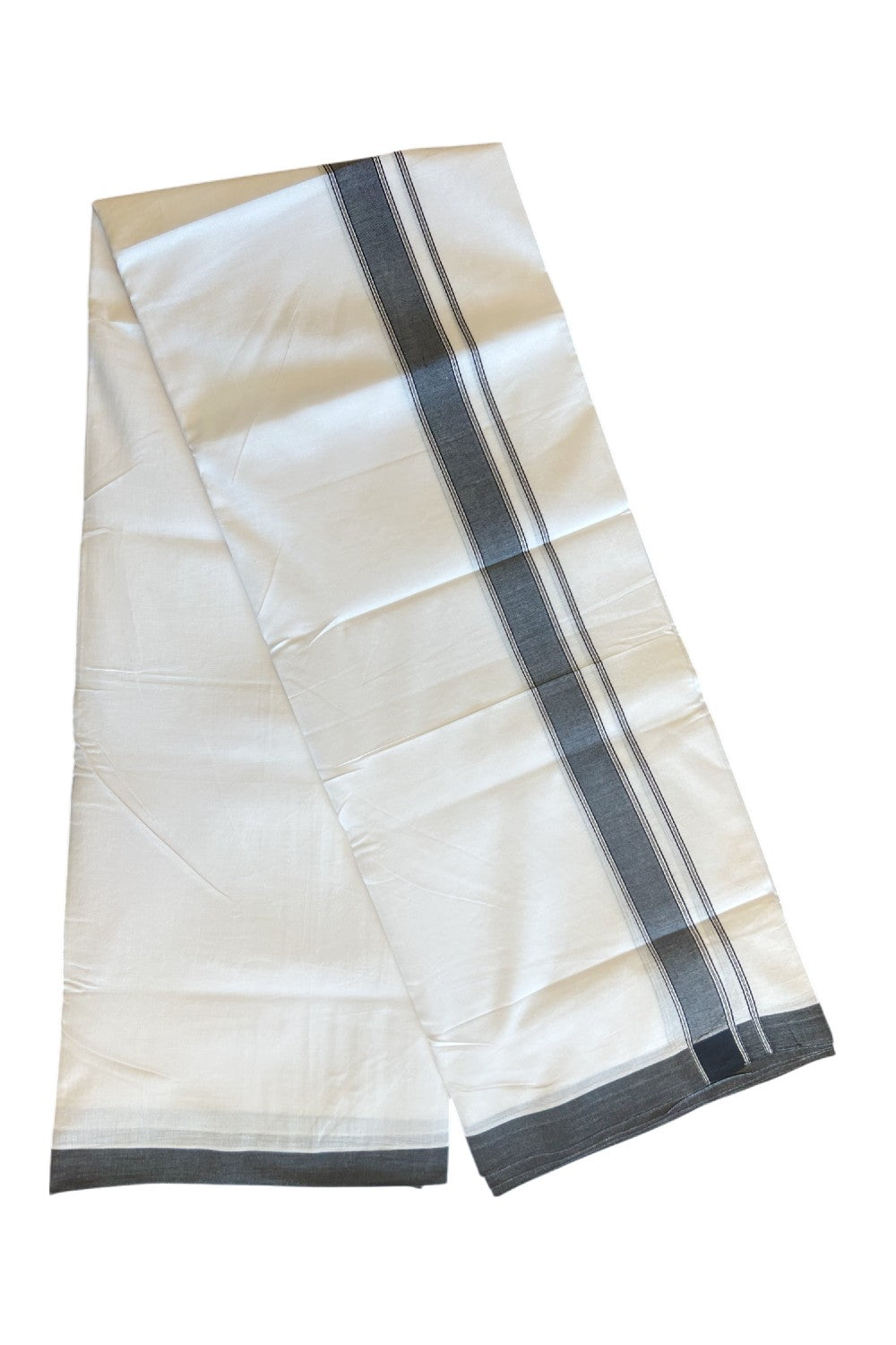 22% Discount ! KaithariKada Balaramapuram 100% Cotton Double PURE WHITE - Mundu/Dhoti- 100x100 - 1.75 inch ASH BLACK Side Stripes Kara.- 1KK5127ASH
