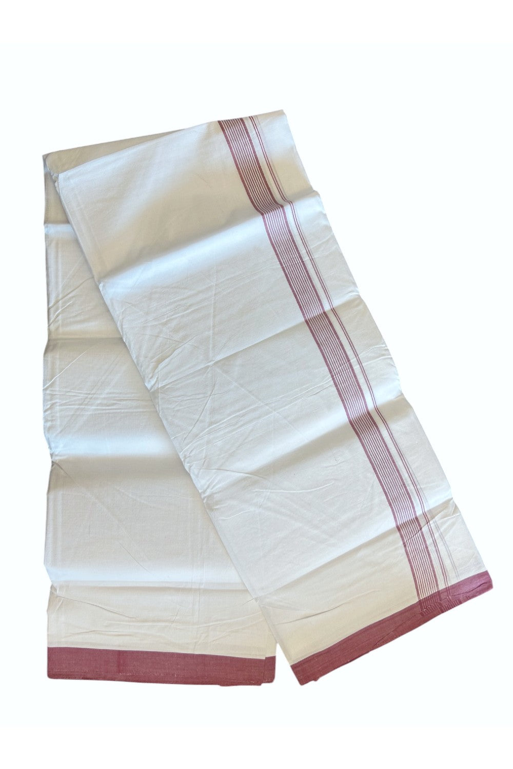 30% Discount!!! KaithariKada HANDLOOM UNAKKUPAAV Balaramapuram - 100% PURE Cotton PURE WHITE Double Mundu/Dhoti - 1 inch Dark Peach Striped Kara - 1KK5129YAR
