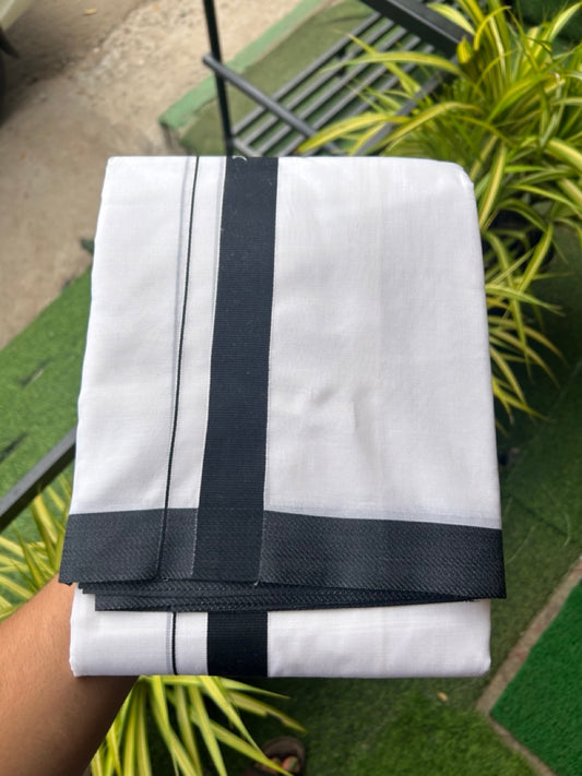 42% DISCOUNT! KaithariKada Balaramapuram 100% Cotton Double PURE white Mundu/Dhoti-100x80 - 1.25 Inch Black SATIN FINSH Border Design Kara - 1KK5143PMC