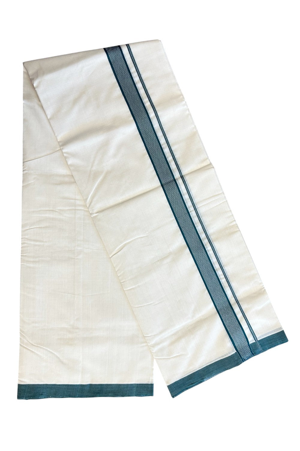 30% DISCOUNT!! KaithariKada BALARAMAPURAM HANDLOOM Unakkupaav- 100% PURE Cotton 100x100 Double Mundu/Dhoti OFF WHITE (Unbleached) - 1.25 inch Green Kara - 1KK5148RAV