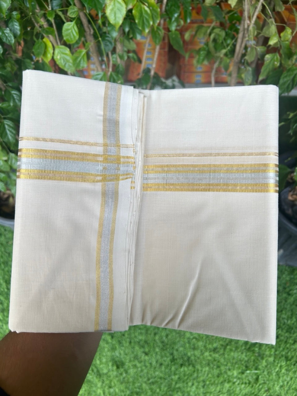 25% DISCOUNT ! KaithariKada HANDLOOM Millpaav Balaramapuram - 100% PURE Cotton Off White - (Unbleached) Double Mundu/Dhoti - 1.25 inch Gold Kasavu & Silver Kasavu Kara - 1KK5149RAM