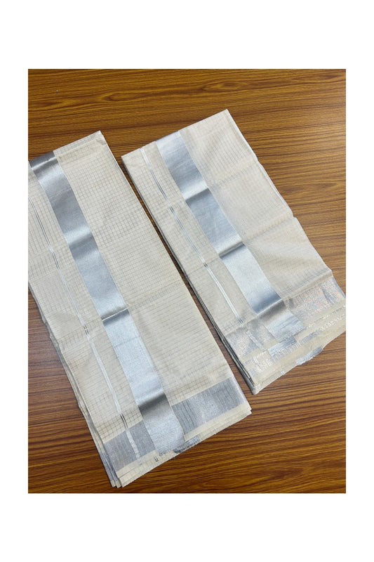 25% Discount!! KaithariKada - Kerala Pure Cotton OFF WHITE Single Set Mundu - EXTRA LENGTH - Check Silver Kasavu Big Kara - 1KK5152PMC