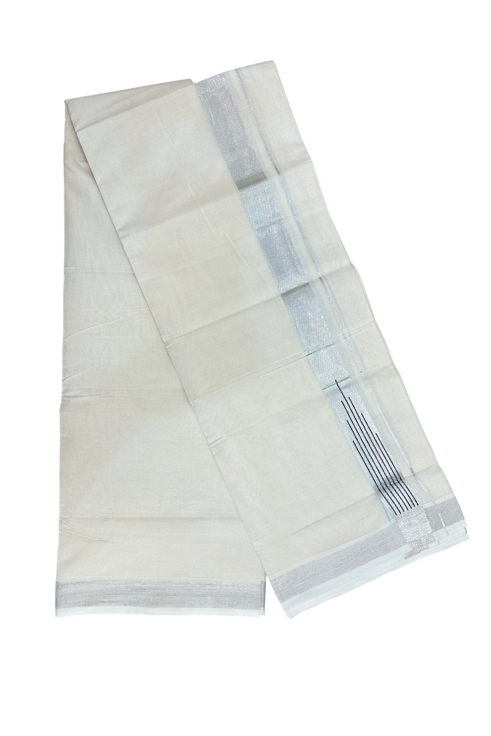 37% DISCOUNT! KaithariKada Balaramapuram 100% Cotton Double Off white (Unbleached) Mundu/Dhoti - 100x80 - 1.5 inch Silver Kasavu Black striped temple chutty kara - 130 KK5258 THI