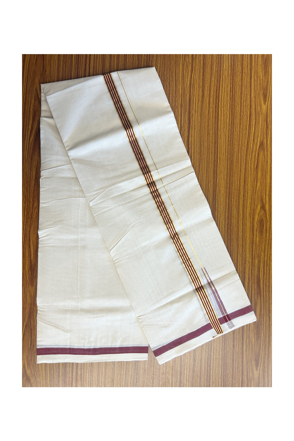 30% DISCOUNT!! KaithariKada HANDLOOM Millpaav Balaramapuram - 100% PURE Cotton OFF White Double- (Unbleached) Mundu/Dothi - 0.75 inch Puliyilakkara side stripes MAROON & Gold kasav chutty Kara - 1KK5156YAR