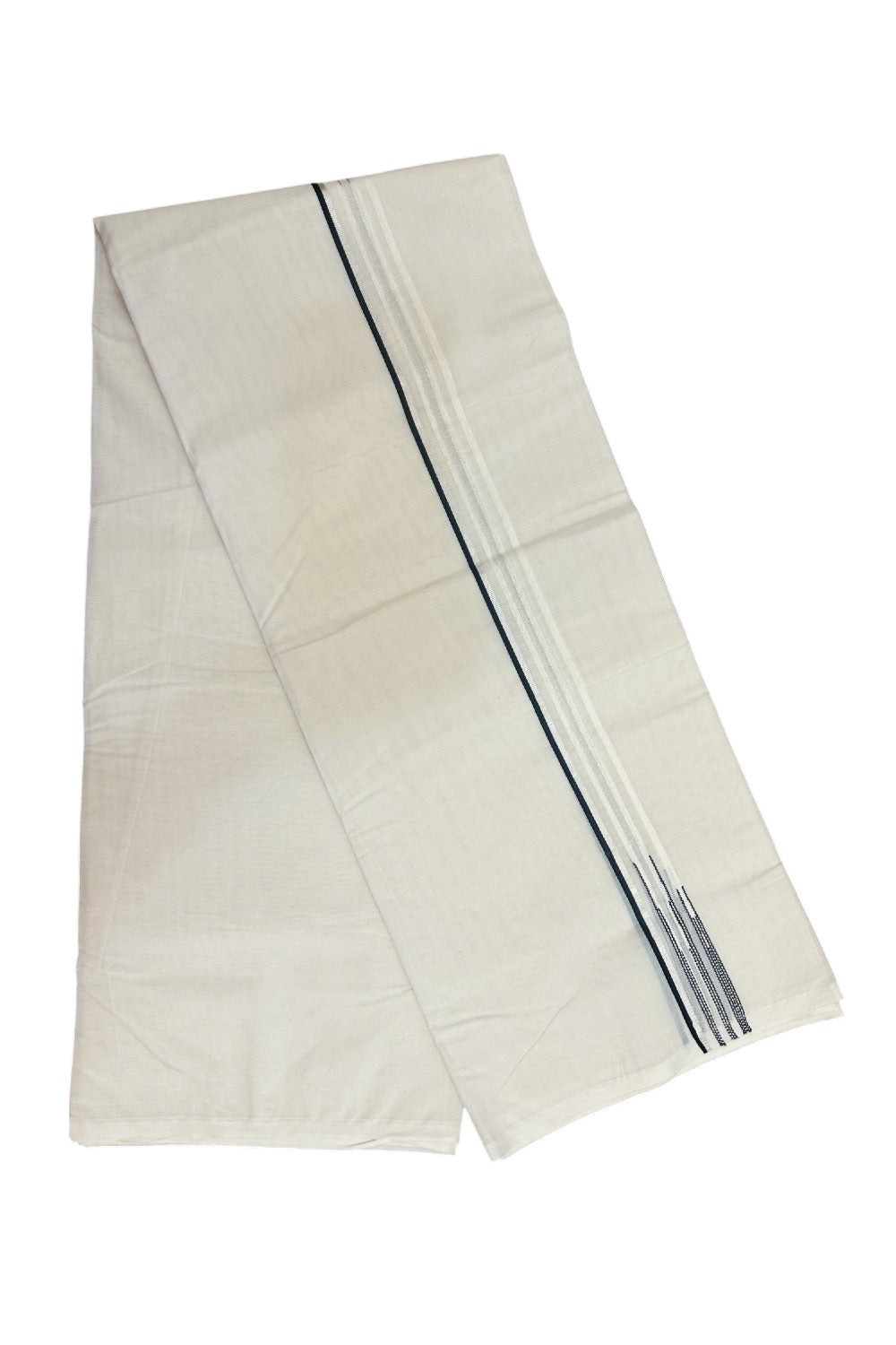 19% Discount !! KaithariKada Balaramapuram 100% Cotton Double OFF WHITE (Unbleached) - Mundu/Dhoti-100x100 1 cm Puliyilakkara Chutty Silver Kasavu & Black double chutty Kara- 1KK5158ASH