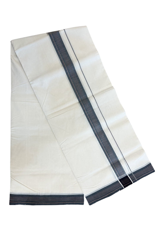 30% DISCOUNT!! KaithariKada HANDLOOM UNAKKUPAAV Balaramapuram - 100% PURE Cotton OFF White Double - (Unbleached)- Mundu/Dothi - 1.75 inch Silver Kasavu Black & Brown Striped Kara 4.5 Meters (10 Muzham) - 1KK5160REA
