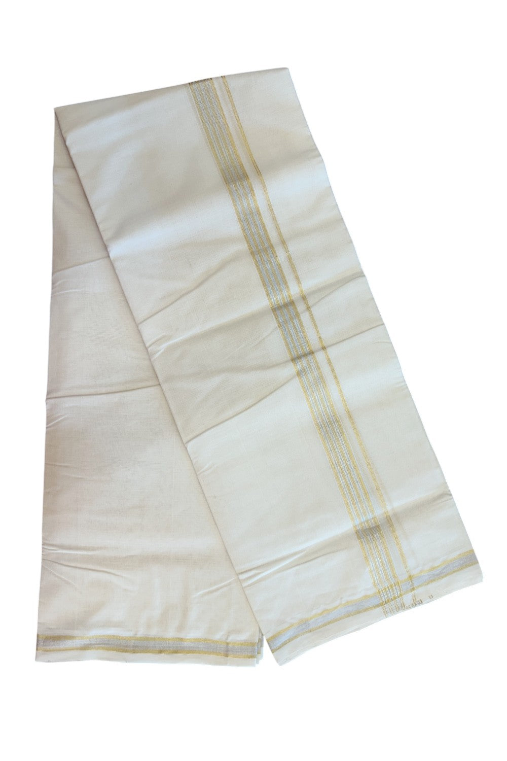 27% DISCOUNT ! KaithariKada HANDLOOM Millpaav Balaramapuram - 100% PURE Cotton Off White - (Unbleached) Double Mundu/Dhoti - 1 inch Gold Kasavu & Silver Striped Kara - 3KK5162RAM