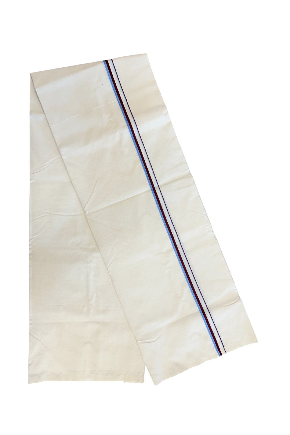 VCK VESHTI - 17% DISCOUNT ! KaithariKada Balaramapuram 100% COTTON SINGLE OFF WHITE (Unbleached) Mundu/Dhoti-100X100- 0.25 inch  Puliyilakkara Blue & Maroon Kara (2 meter / 4 muzham) - 1KK5164ASH