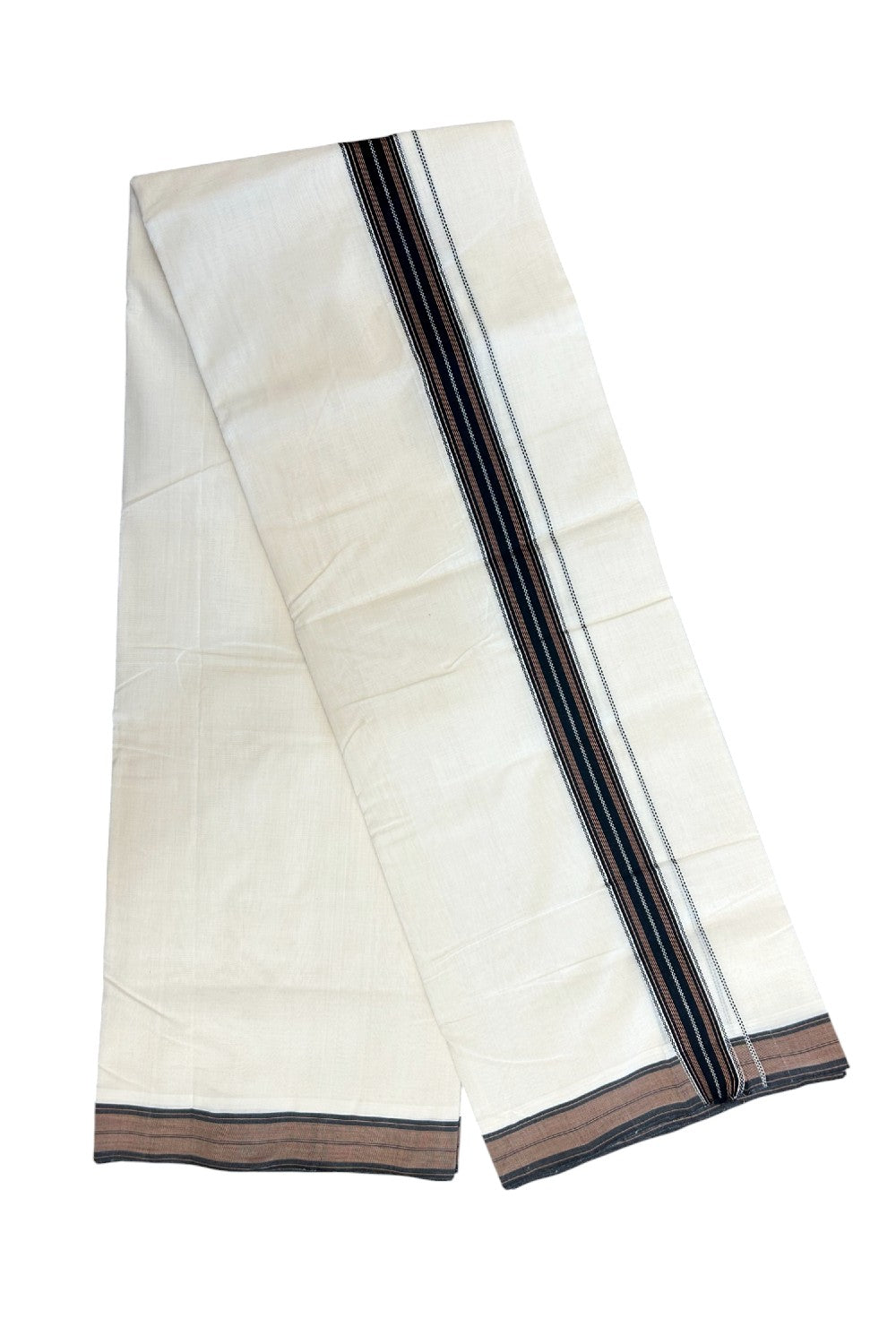 25% DISCOUNT!! KaithariKada HANDLOOM Unakkupaavu Balaramapuram - 100% PURE Cotton Off White (Unbleached) Double Mundu/Dhoti - 1.75 inch Black & Brown Silver Stripes - 1KK5169REA