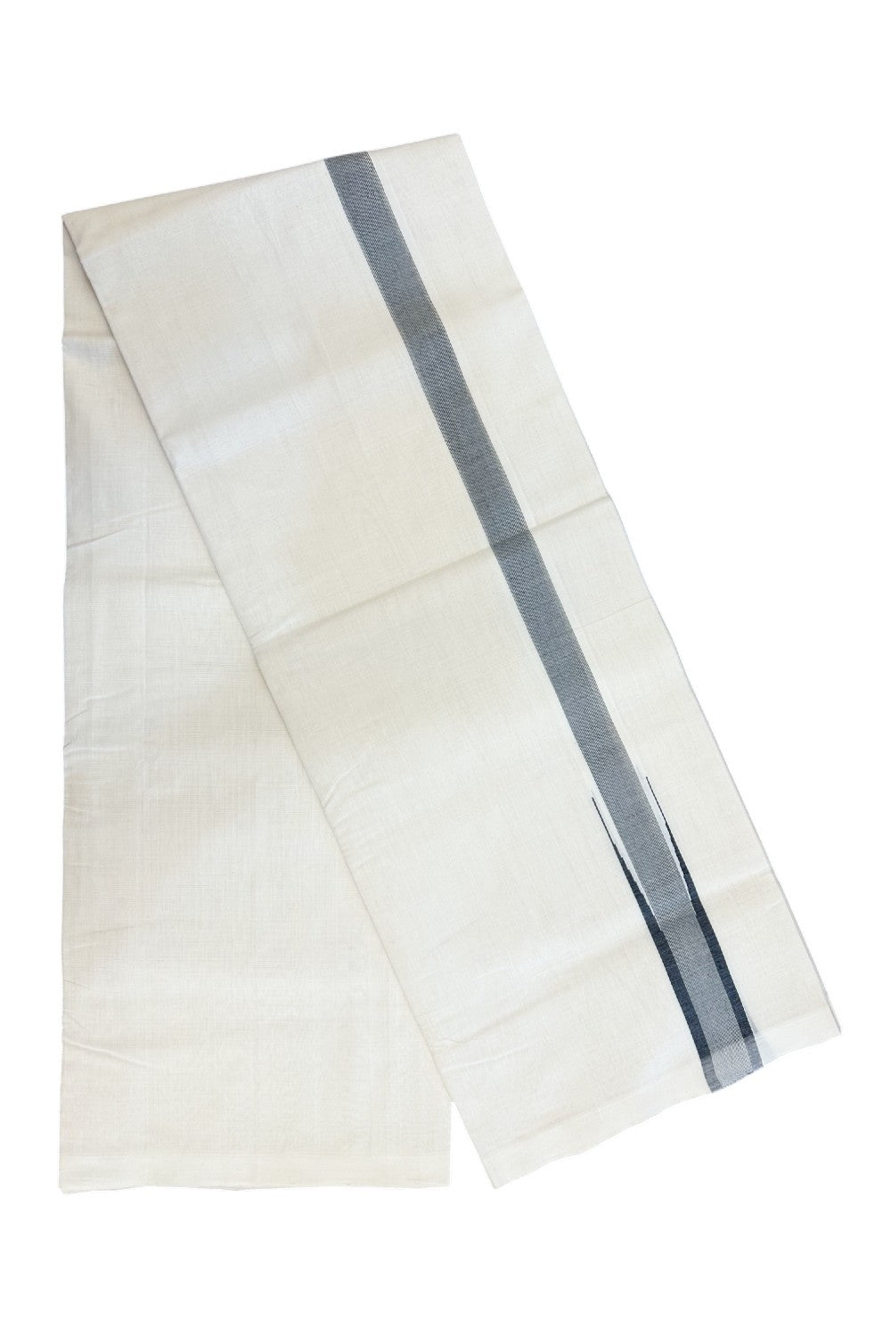 25% DISCOUNT! KaithariKada BALARAMAPURAM HANDLOOM MILLPAAV - 100% PURE Cotton Off white (Unbleached) Double Mundu/Dhoti - 1.25 inch BLACK  & Silver Kasav Chutty Kara - 8KK5170RAM