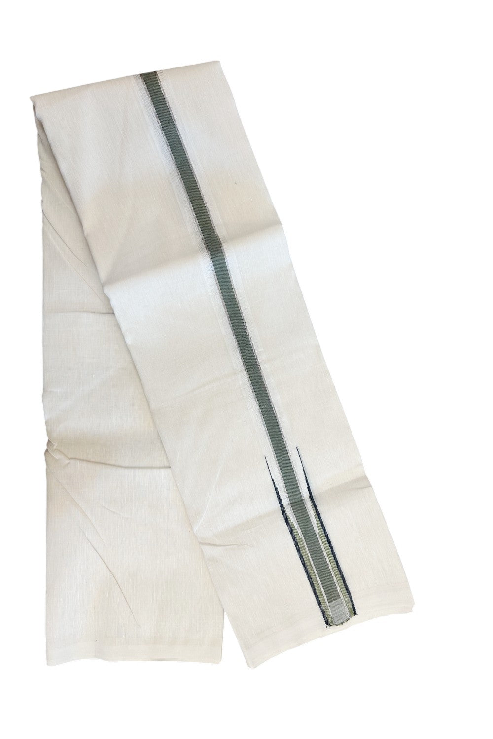 HANDLOOM Linen Dhoti NEW! 16% Discount from Kaitharikada.com - BALARAMAPURAM Handloom UNAKKUPAAV - OFF WHITE - Double Mundu/Dhoti 80x90 Thread - Pure Cotton + Linen - 1.5 Inch Silver Kasavu Army Green & Black striped chutty - 12KK5177RAM