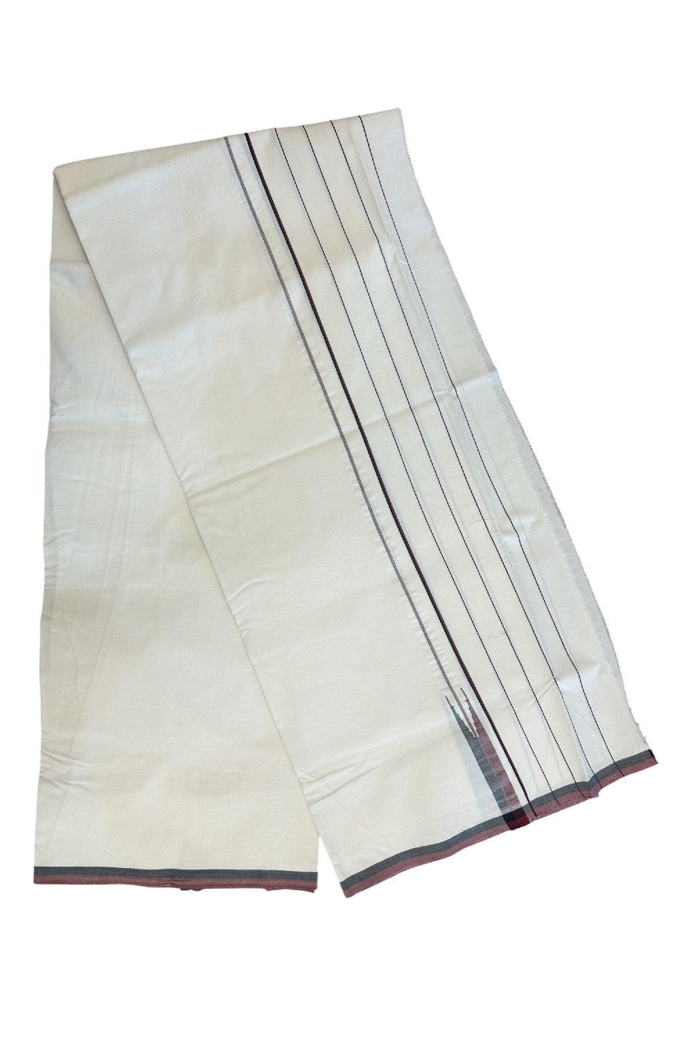 DMK Veshti - KaithariKada Balaramapuram 100% COTTON SINGLE OFF WHITE- (Unbleached) Mundu/Dhoti-100X100 - 5.5 inch Puliyilakkara Striped Maroon & Black Chutty (2 meter / 4 muzham) - 1KK5178ASH