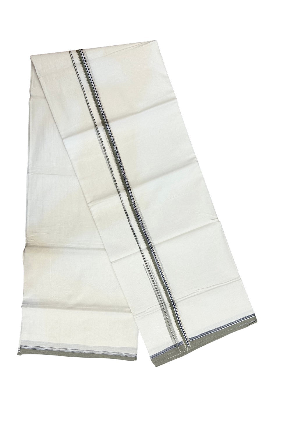 20% Discount !! Kaitharikada Balaramapuram 100% Cotton PURE WHITE DOUBLE Mundu/Dothi- 100X80 Thread- 0.5 inch - Silver Kasavu Black & Olive Green Design Chutty Kara - 1KK5184RAMS