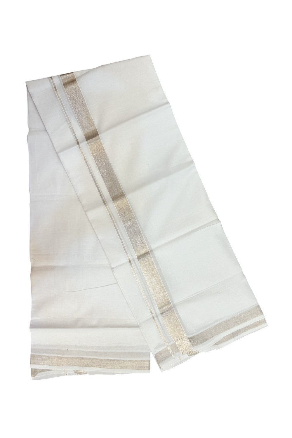 20% DISCOUNT!! KaithariKada Balaramapuram 100% Cotton DOUBLE PURE WHITE Mundu/Dhoti - 100x100 - 1 inch Silver Kasavu Kara - 1KK5191CKS