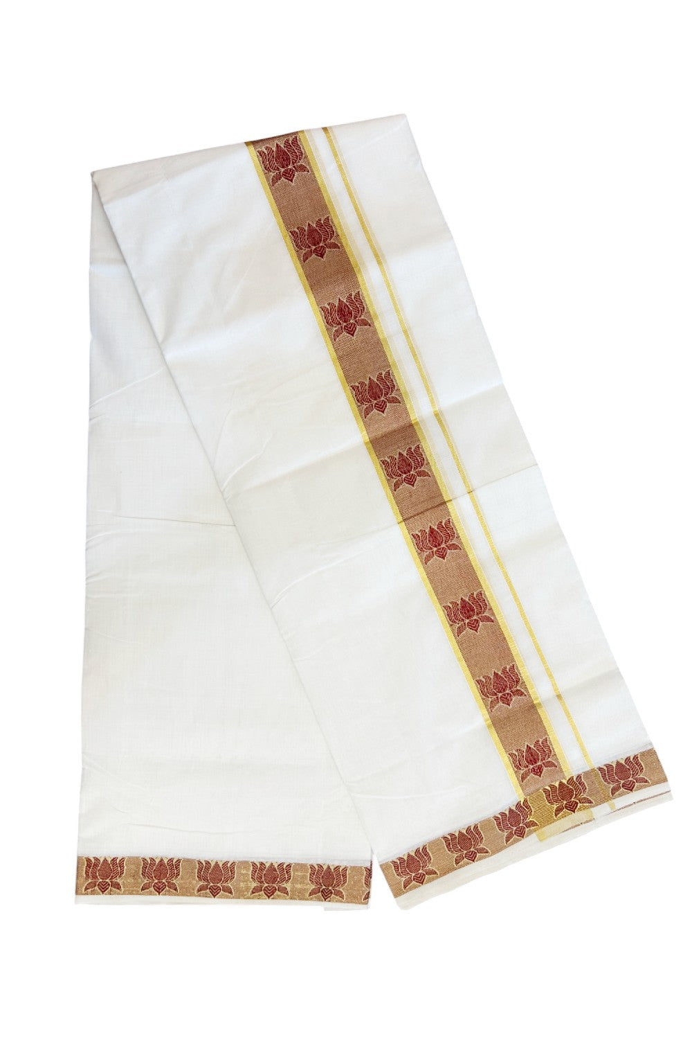 25% DISCOUNT ! KaithariKada HANDLOOM Unakkupaav Balaramapuram - 100% PURE Cotton Pure White Double Mundu/Dhoti - 2 inch Gold Kasavu & Maroon Lotus Jacquard Design Kara - 1KK5190ABH