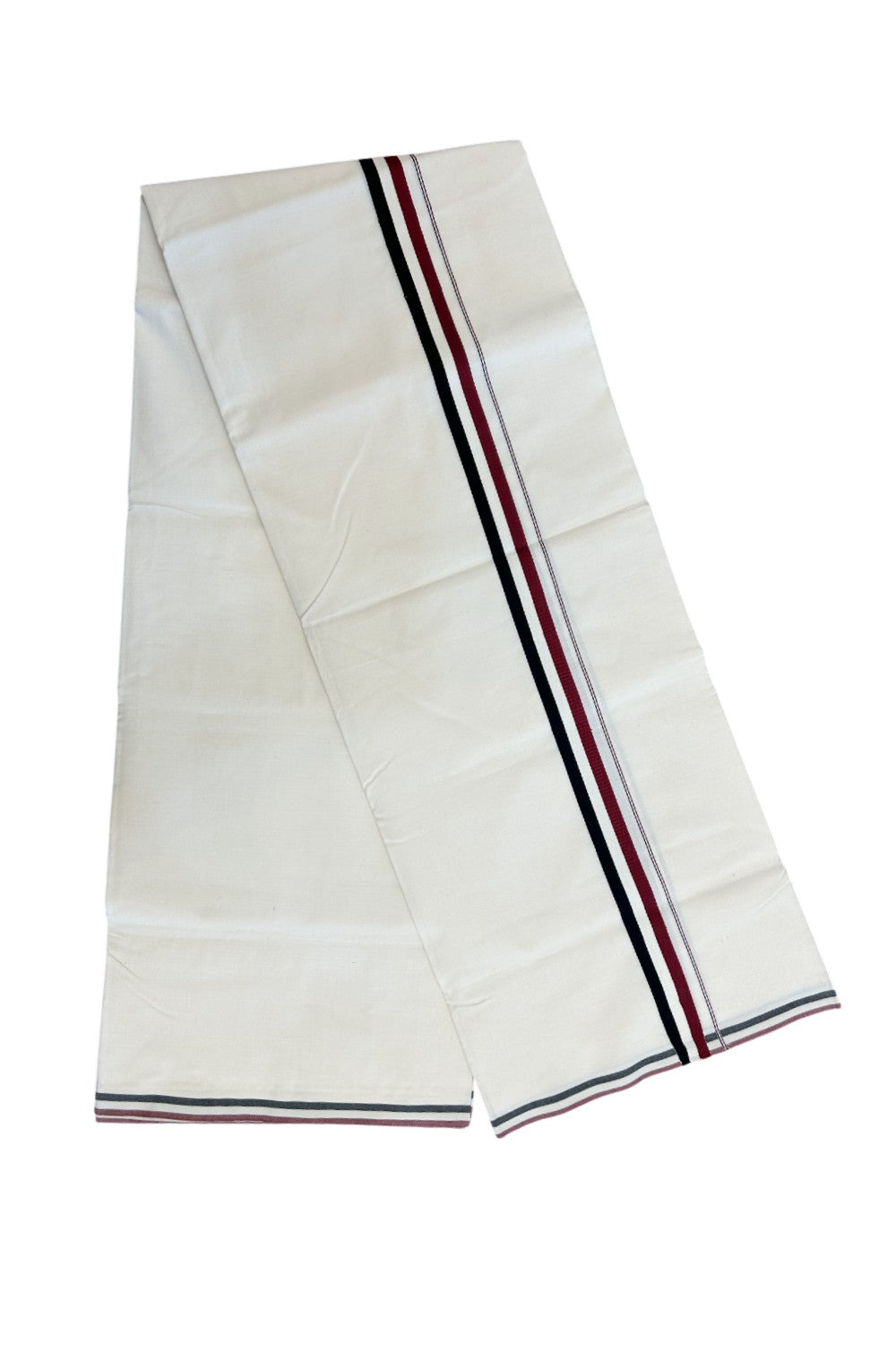 ADMK VESHTI - 20% DISCOUNT! KaithariKada 100% Cotton off white Single - (Unbleached) Mundu/Dhoti - 100X100 - 1 inch Black White & Maroon kara - 1KK5198ASH