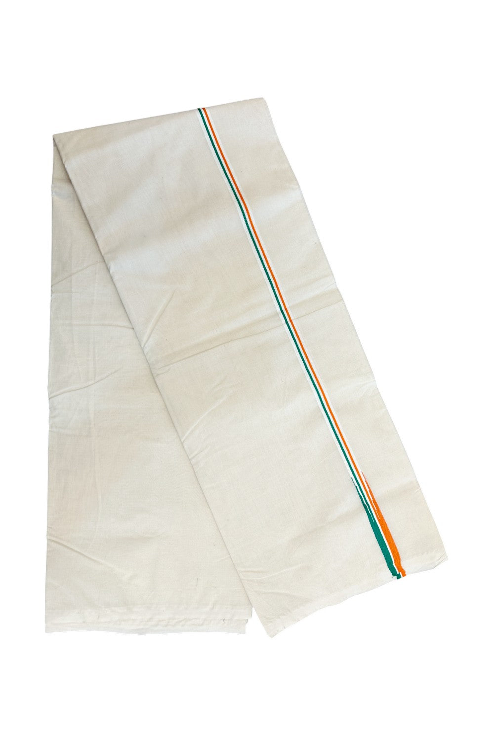CONGRESS VESHTI - 20% DISCOUNT! KaithariKada 100% Cotton OFF WHITE Double - (Unbleached) Mundu/Dhoti - 100X100 - 0.5 inch Puliyilakkara Orange White & Green Chutty Kara - 1KK5203ASH