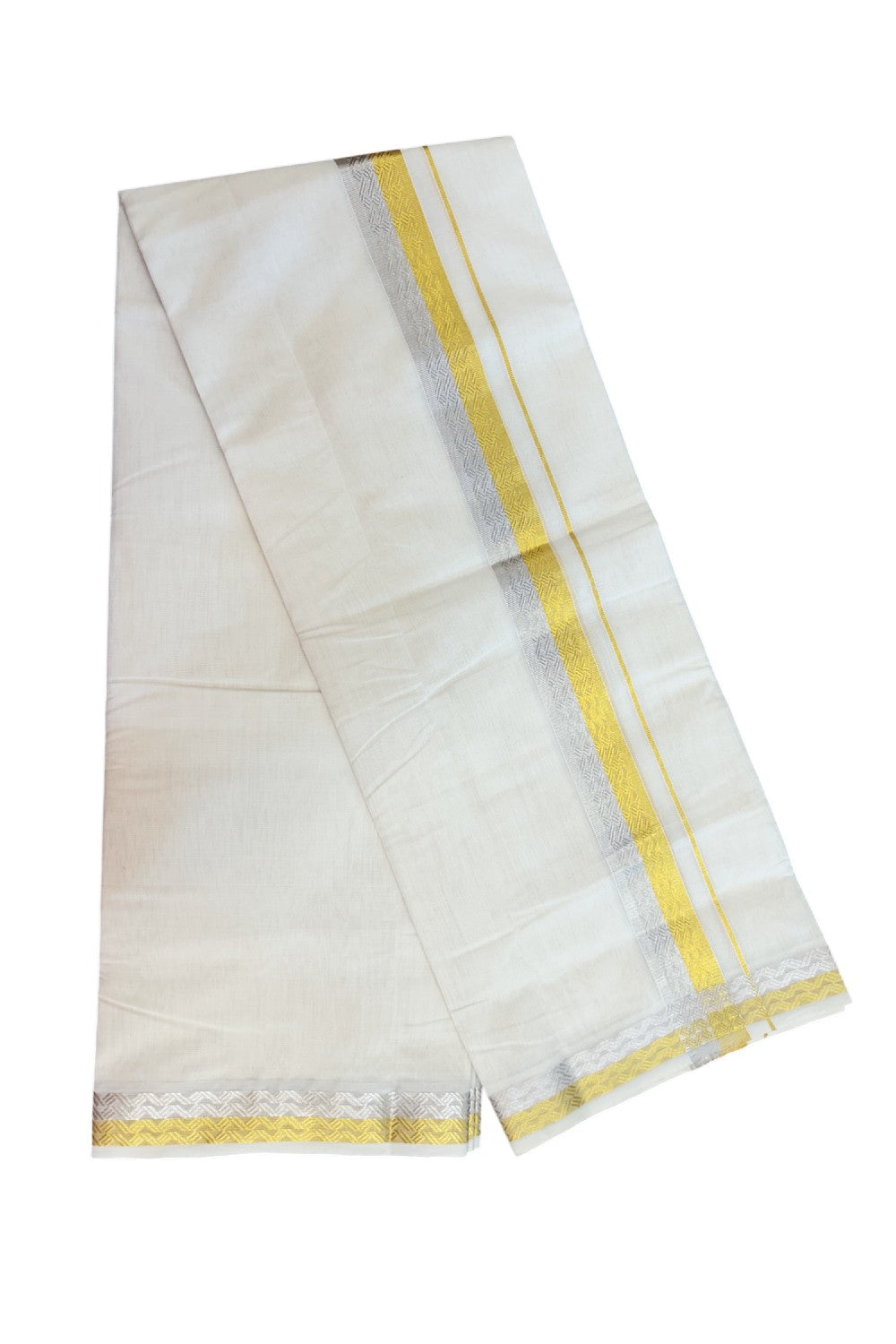 25% DISCOUNT ! KaithariKada HANDLOOM UNAKKUPAAV Balaramapuram - 100% PURE Cotton Off White - (Unbleached) Double Mundu/Dhoti - 1.75 inch Gold Kasavu & Silver Kasavu Jacquard Design Kara - 1KK5208ABH