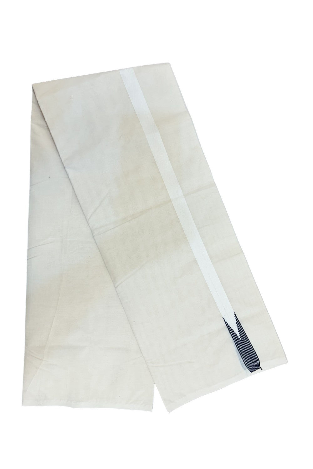 28% DISCOUNT ! KaithariKada Balaramapuram 100% COTTON Double OFF WHITE (Unbleached) Mundu/Dhoti- 100x100 - 1 inch Puliyilakkara Black Striped Chutty Kara - 1KK5211ASH