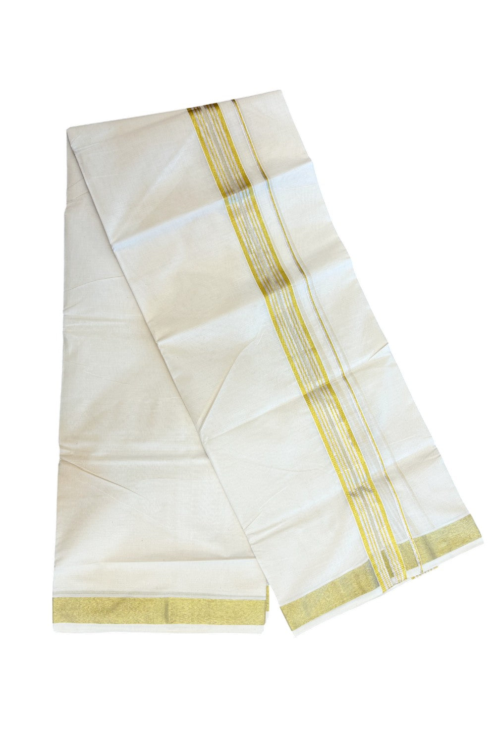 20% DISCOUNT ! KaithariKada  Balaramapuram - 100% PURE Cotton Off White - (Unbleached) Double Mundu/Dhoti - 100X80 -  1.25 inch Gold Kasavu & Silver Kasavu Striped Kara - 1KK5212 VIN