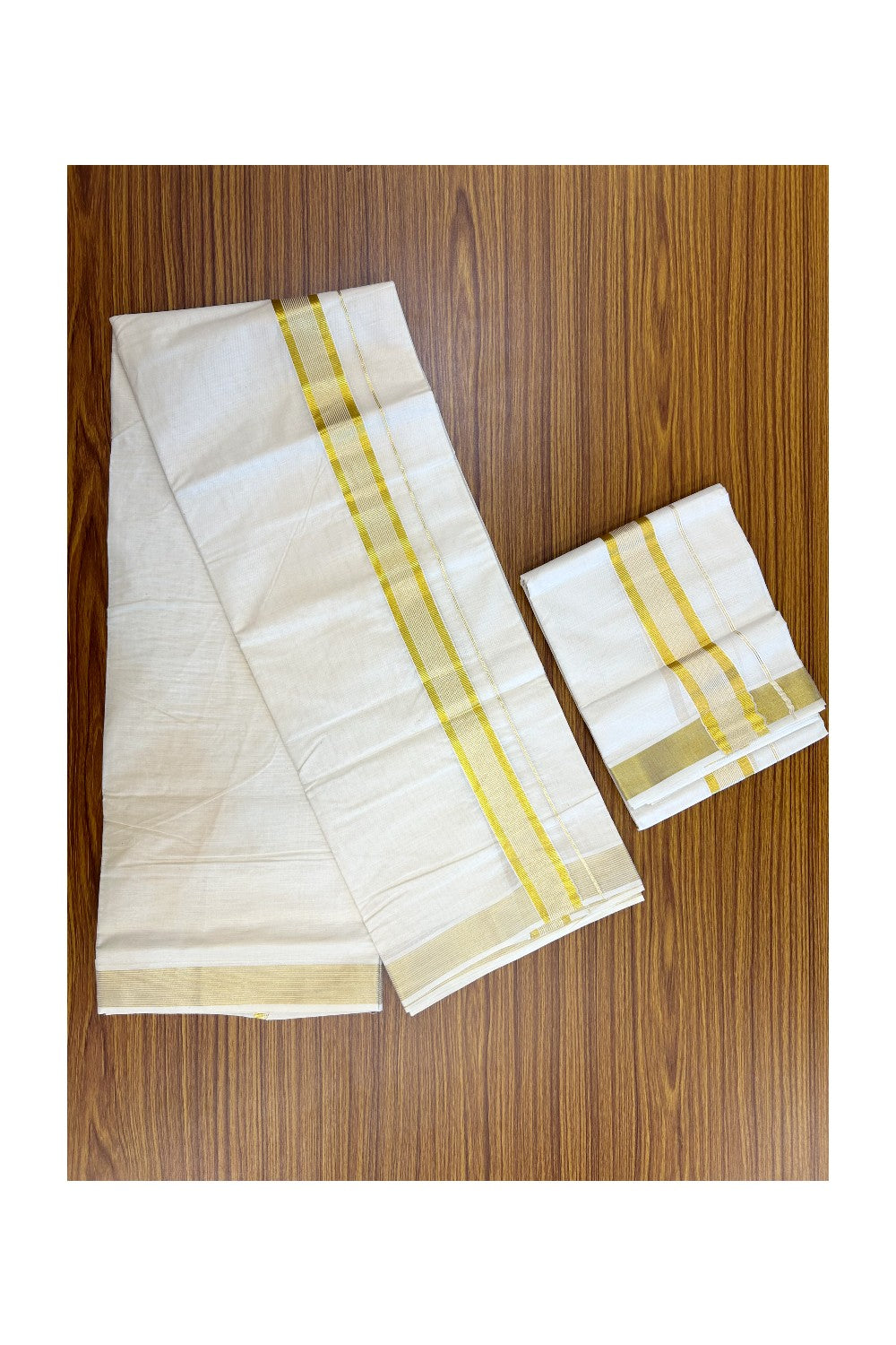 20% Discount!! KaithariKada Balaramapuram - 100% PURE Cotton Off White  (Unbleached) Mundu/Dhoti & Neriyath set - 1.5 Inch Kasavu Stripes Kara - 1KK5213 VIN