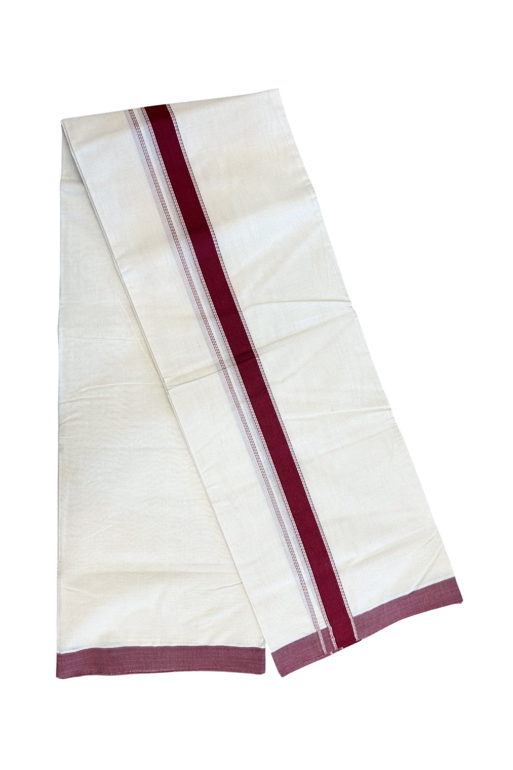 NEW !! 20% DISCOUNT!! KaithariKada Balaramapuram 100% Cotton Double Off white - (Unbleached) Mundu/Dhoti-100x80 - 1.25 inch Maroon Striped KARA - 3.75 mtr (8 Muzham) - 1KK5218 ASH