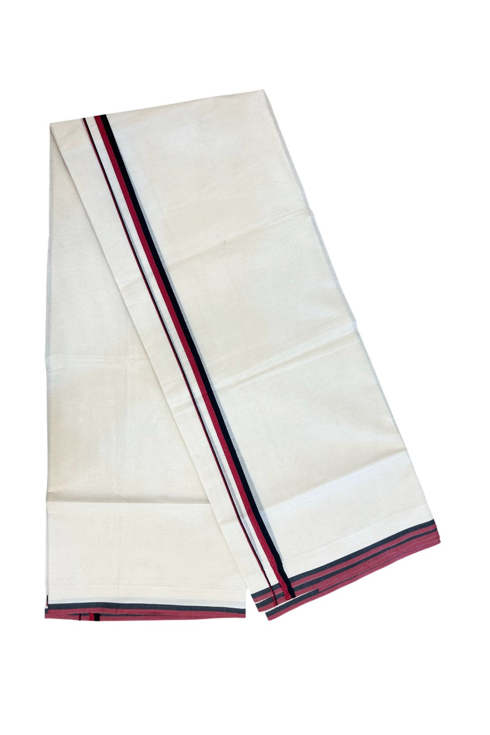 DMK Veshti - 30% DISCOUNT! KaithariKada 100% Cotton OFF WHITE Double - (Unbleached) Mundu/Dhoti - 100X80 - 0.5 inch Black & Maroon kara - 4 mtr (8.5 muzham)- 1KK5230 PMC