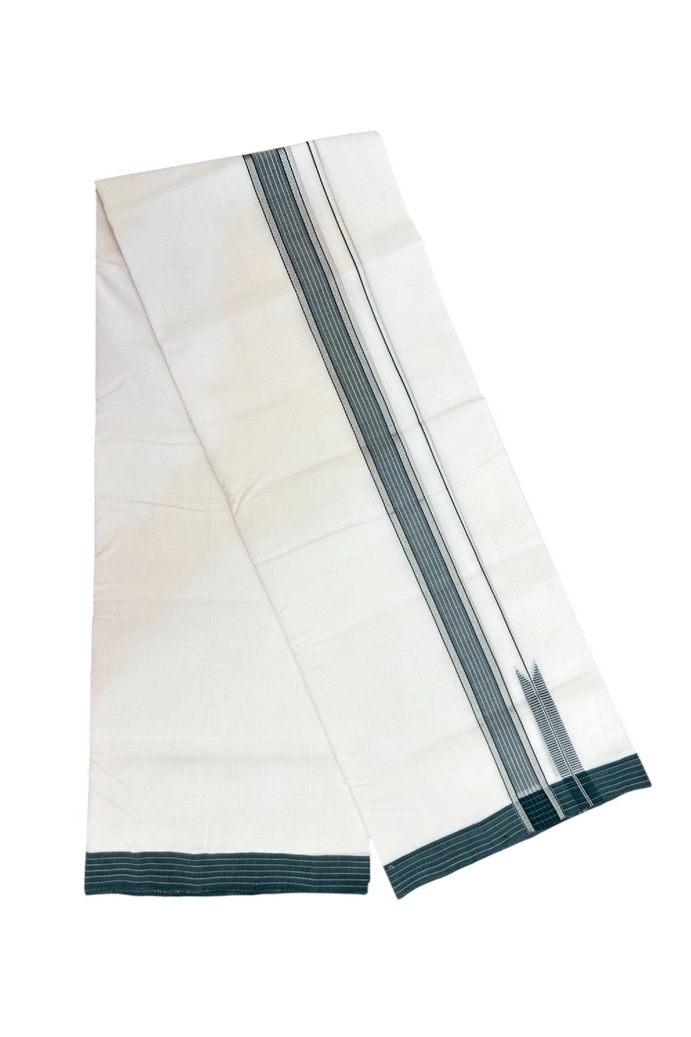 25% Discount!! NEW ULTRA PURE WHITE HANDLOOM Balaram apuram - 100% Mercerised Cotton Double Mundu/Dhoti - 120 twisted warp x 80s weft - 1.5 inch Puliyilakkara Silver Kasavu & Peacock Green Striped Chutty Kara - 1KK5232 REA