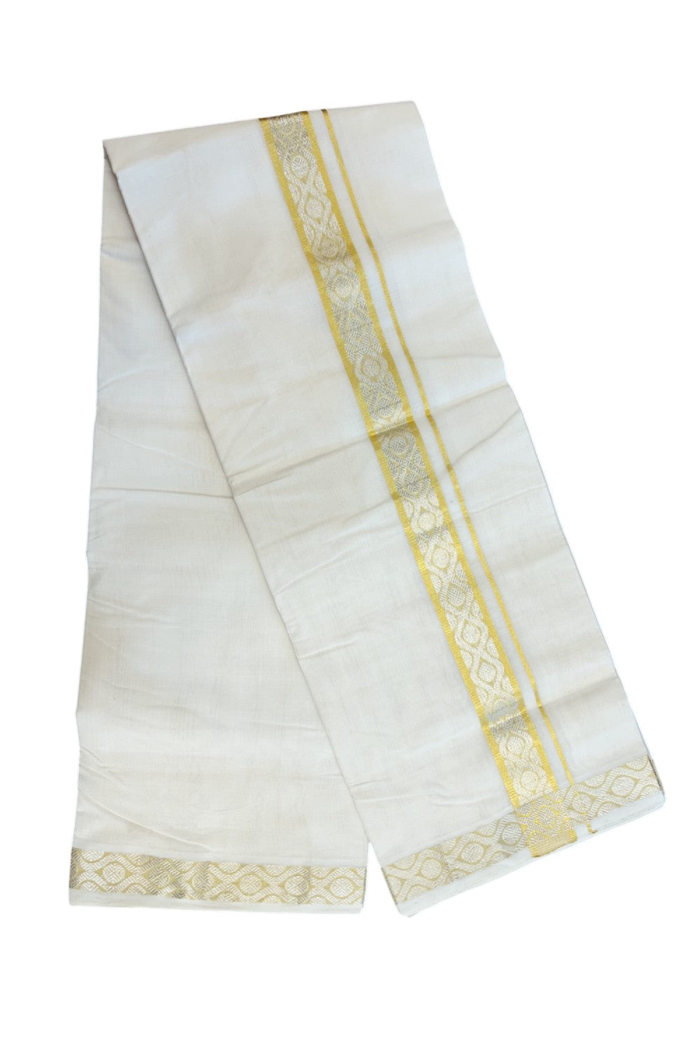 25% DISCOUNT ! KaithariKada HANDLOOM Unakkupaav Balaramapuram - 100% PURE Cotton Off White (Unbleached) Double Mundu/Dhoti - 80x90 - 1.5 inch Gold Kasavu & Silver Kasavu Jacquard Design Kara 4 mtr(8.5 Muzham) - 1KK5234 RAM
