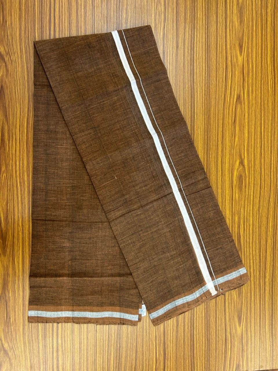 Handloom Single Hallmarked - 10% Discount !! KaithariKada 100% Pure Cotton - Mundu/Dhoti Brown Body White 0.5 inch Kara- (2 meter / 4 muzham)- 1 KK8030 ELA
