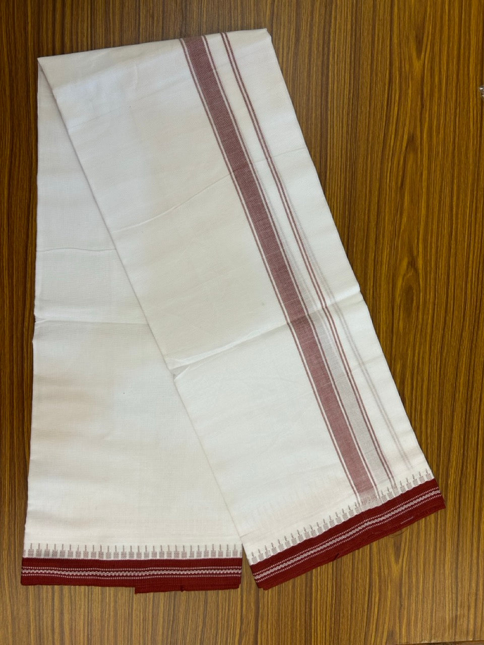 Premium Kathar Type Mercerised Pure Cotton Single Mund Kaitharikada Special - Kaily / Lungi -  1.25 inch Maroon Striped kara White Body Kuppadam Border (2 meter / 4 muzham) - 1 KK8031 MUT